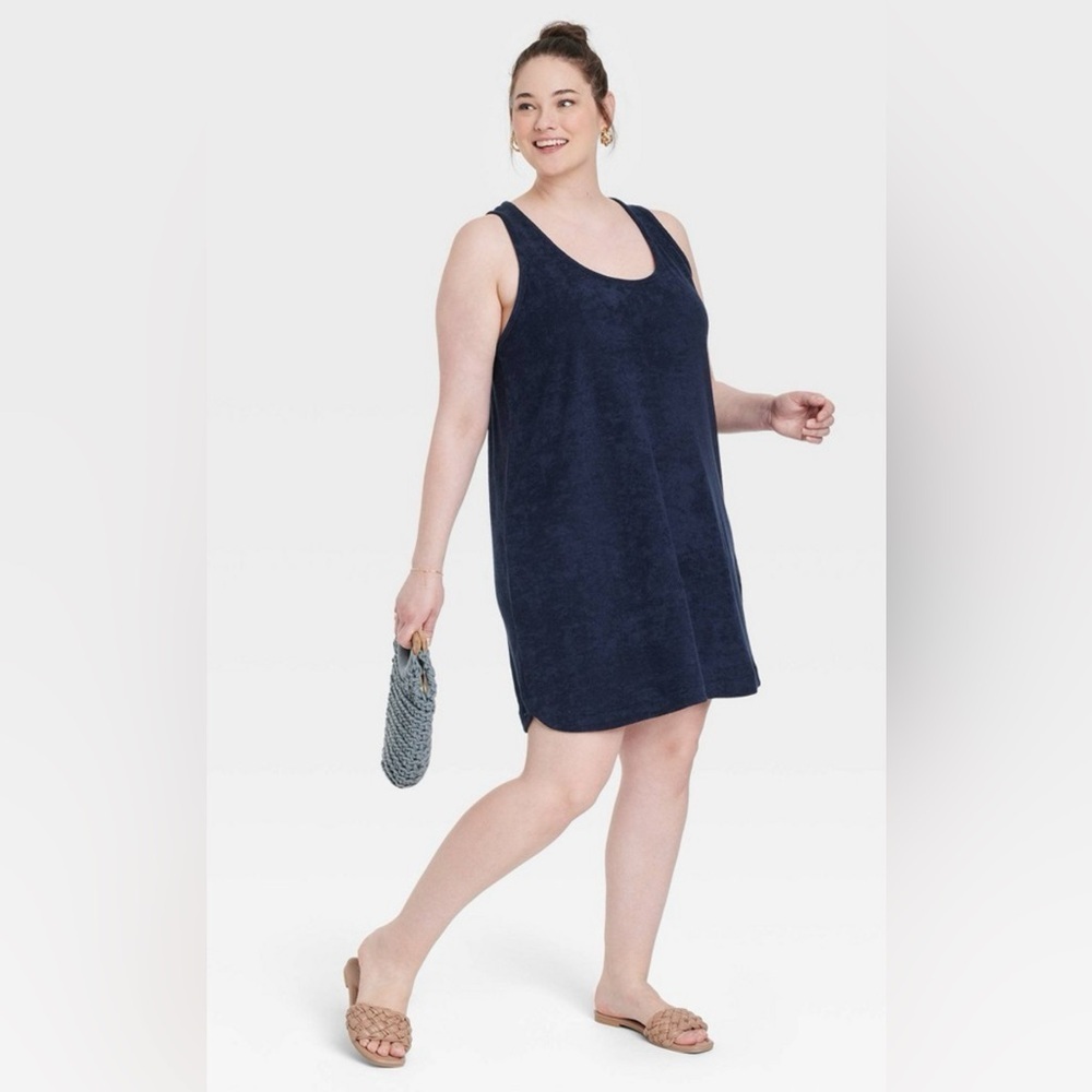 Womens Terry Tank Dress Size 3X A New Day - Navy Blue Plus Size Swim Coverup NWT